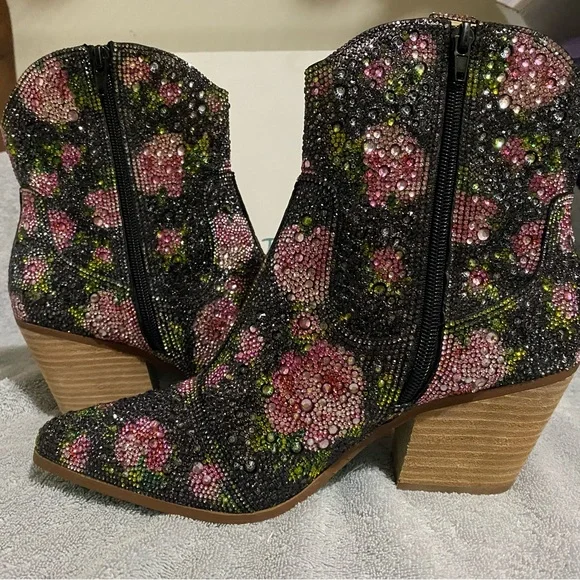 Betsy Johnson Black Floral Diva Western Embellished Ankle Boots - Picture 7 of 15